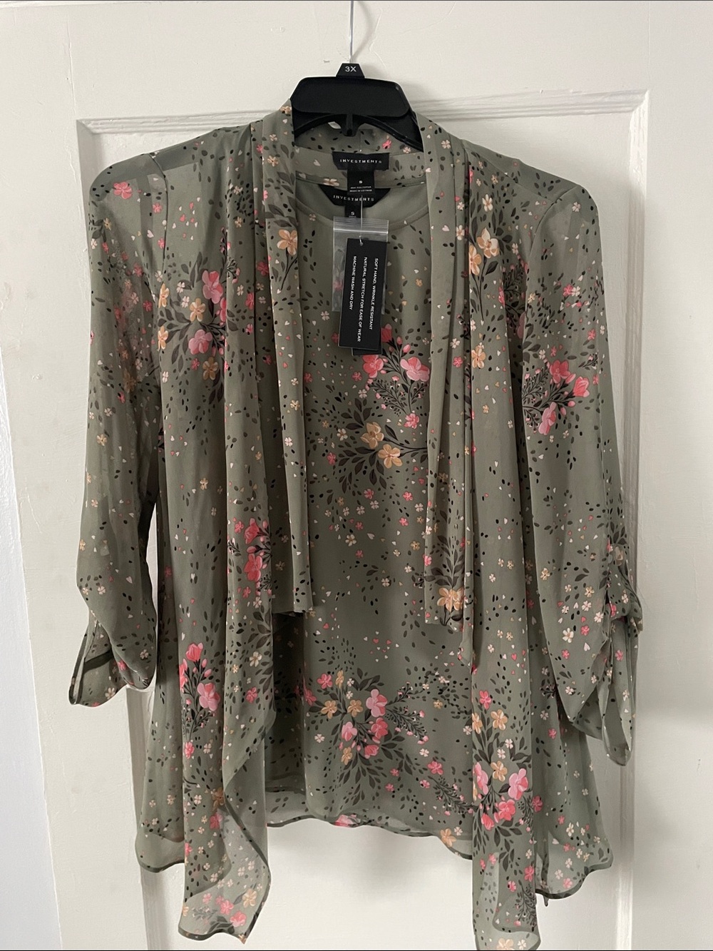 Investments Olive Floral Sheer Tie-Front Blouse